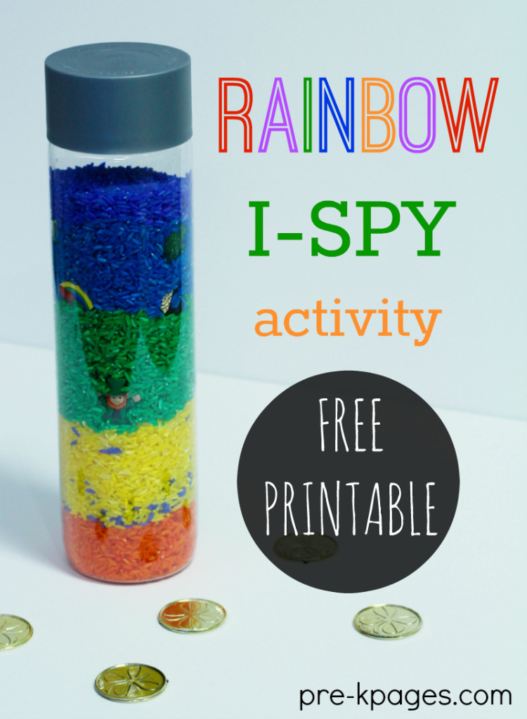 I spy activity with rainbow rice and hidden objects like gold coins.
