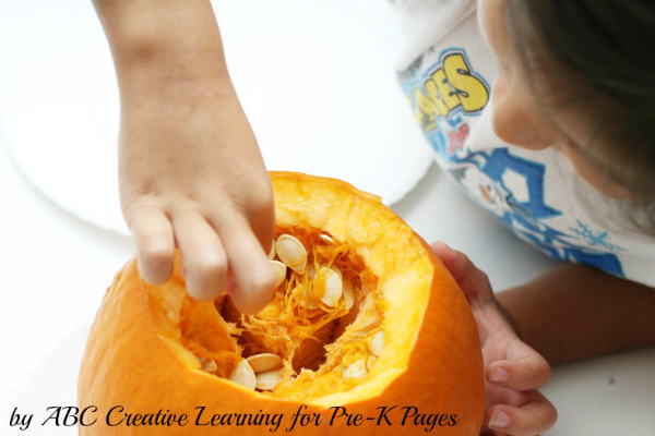 niño mirando el interior de la calabaza