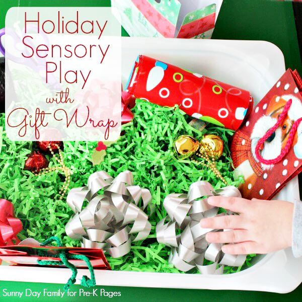 Holiday Gift Wrap Sensory Bin for preschool