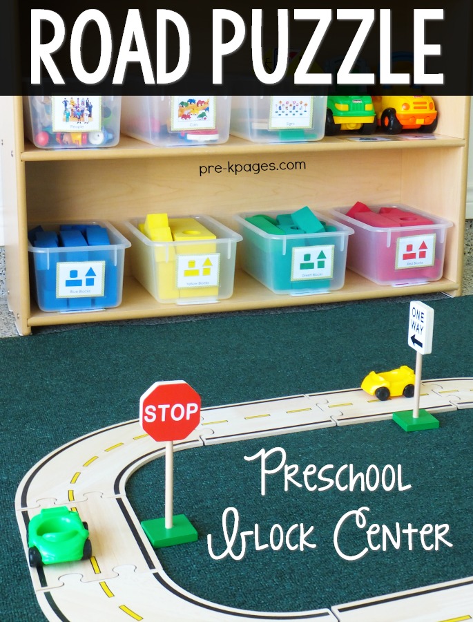 Block Center Play in the Preschool Classroom with Road Puzzle