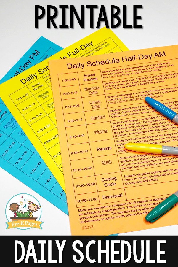 Preschool Daily Schedule timetable template