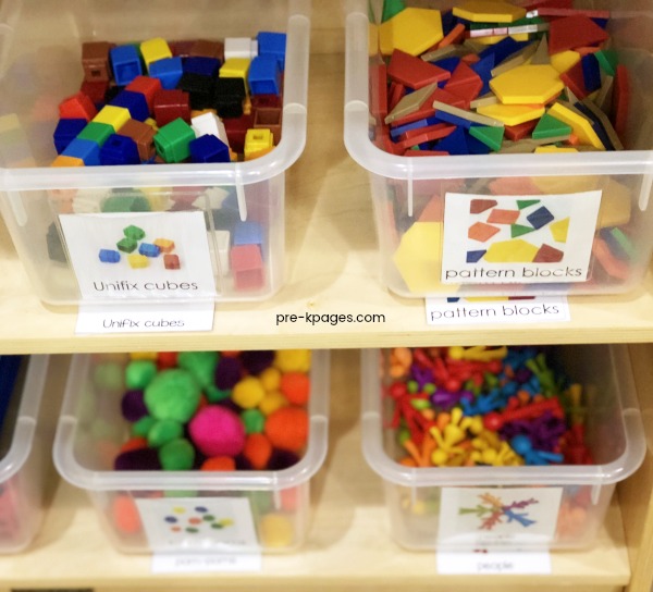 Math Center Tubs on Shelf in Preschool