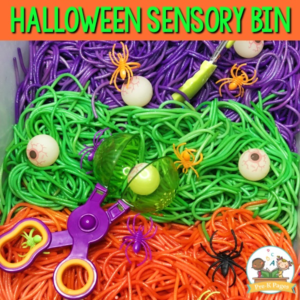Halloween Sensory Bin with Spaghetti