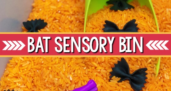 Bat Sensory Bin with orange rice and black bowtie pasta